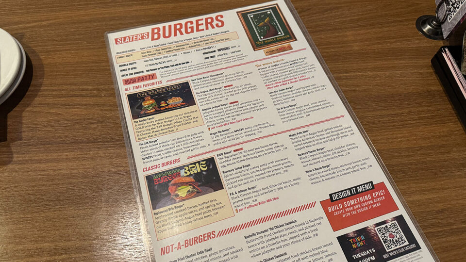 Slater’s 50/50 menu featuring gourmet burgers, appetizers, craft beer, and milkshakes