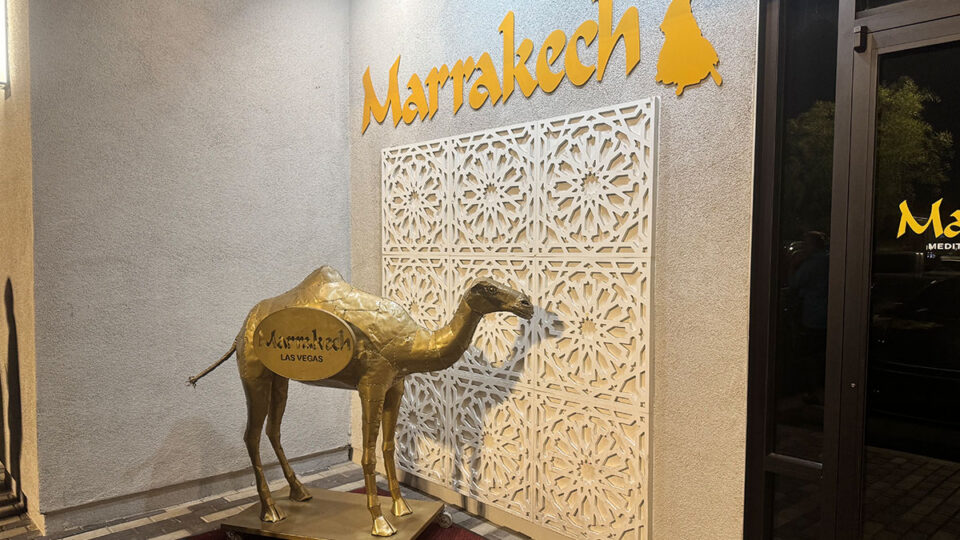 Large Marrakech camel figure standing outside Marrakech Mediterranean Restaurant in Las Vegas.