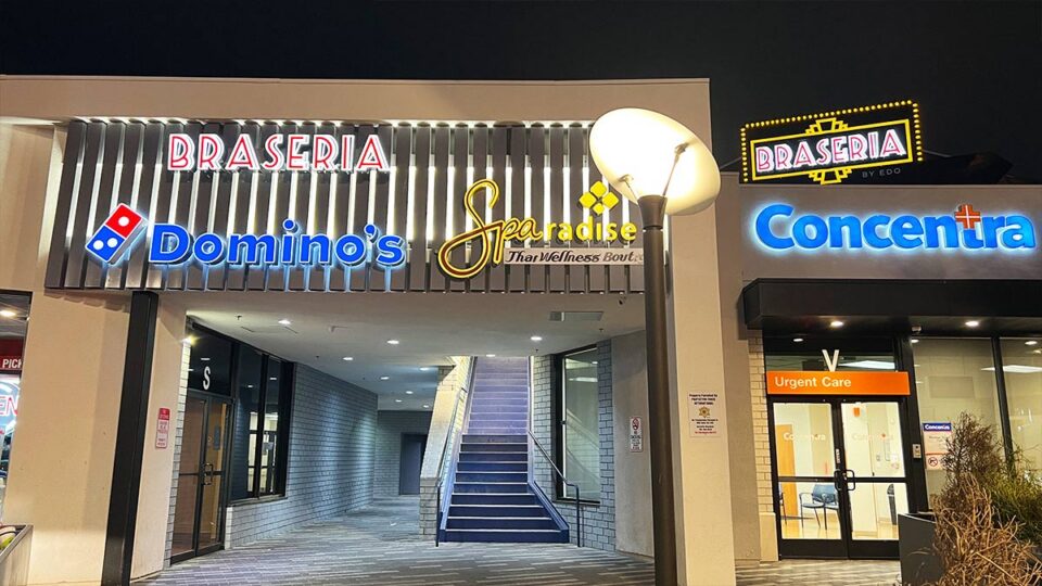 Exterior entrance and illuminated Braseria by EDO sign in Las Vegas