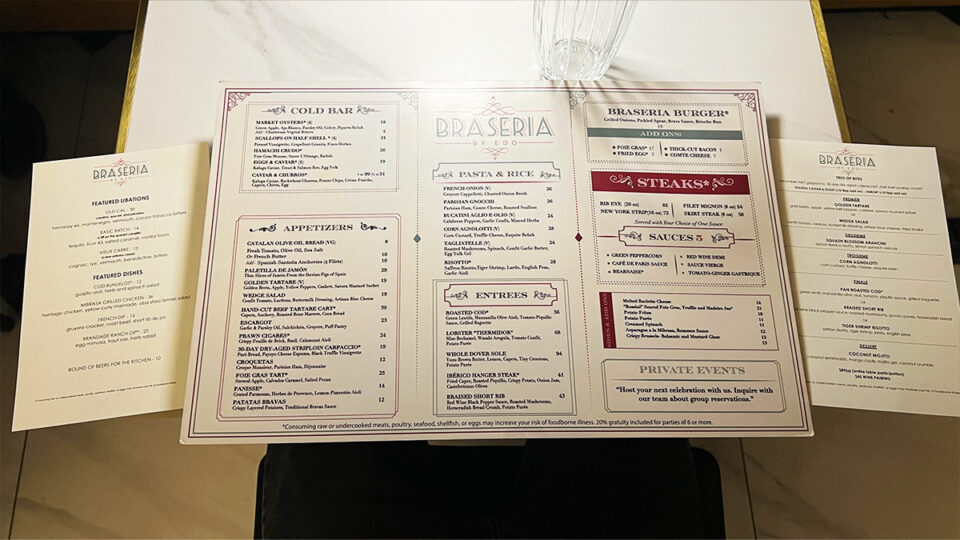 Dinner menu at Braseria by EDO in Las Vegas featuring appetizers, pasta, steaks and entrees
