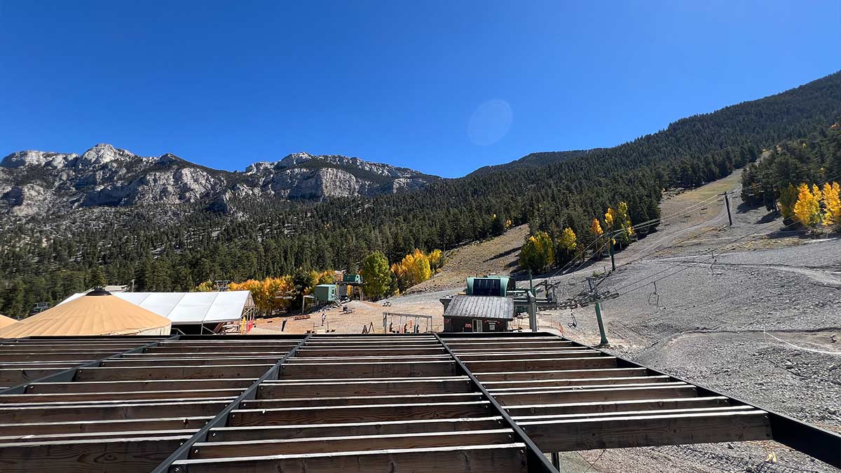Lee Canyon base area with ski slopes and chairlifts beneath the Spring Mountains