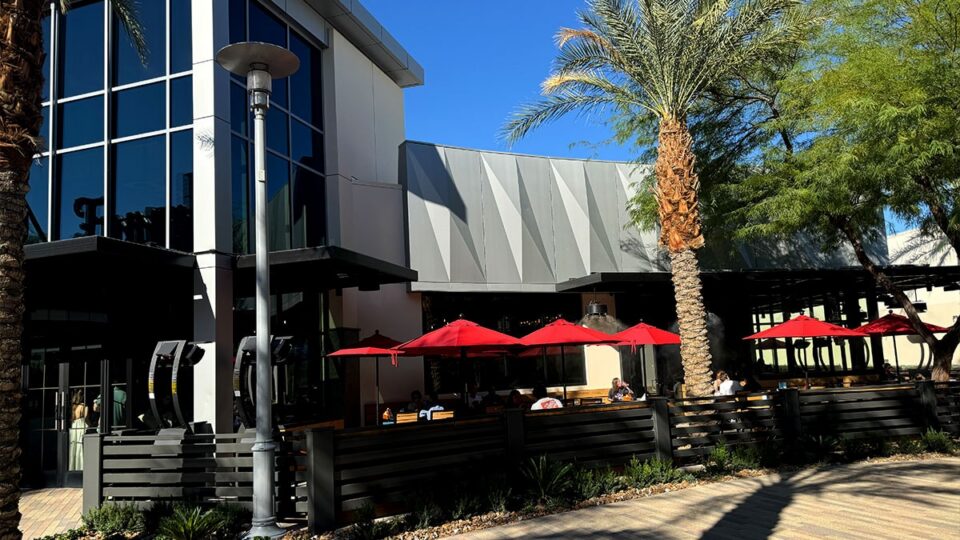 Open outdoor patio with misting system at Finney's Crafthouse in Downtown Summerlin