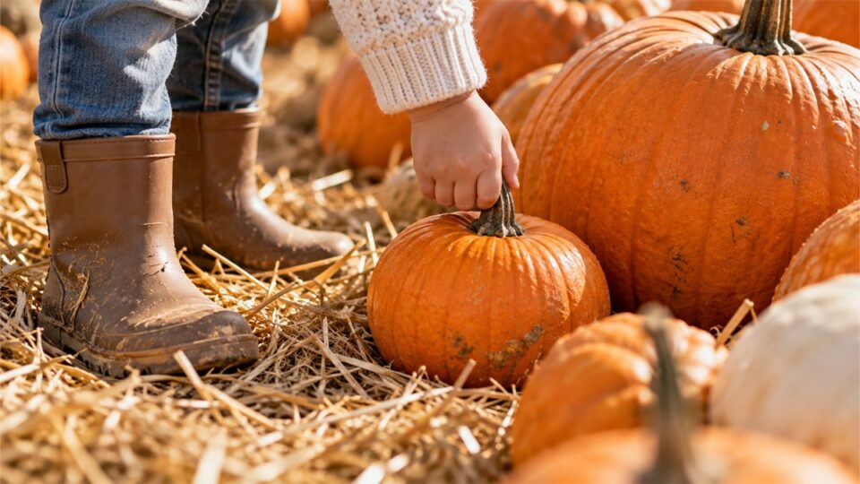 Child picking up a pumpkin at a family-friendly Las Vegas pumpkin patch
