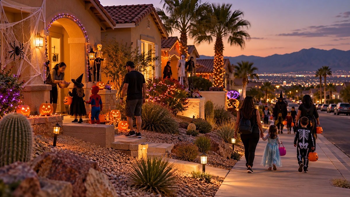 Families trick-or-treating in a Las Vegas neighborhood with Halloween-decorated stucco homes, palm trees, and desert landscaping.