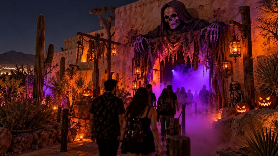 Spooky haunted house entrance with skeleton decorations, glowing jack-o'-lanterns, purple fog, and desert landscaping at night.