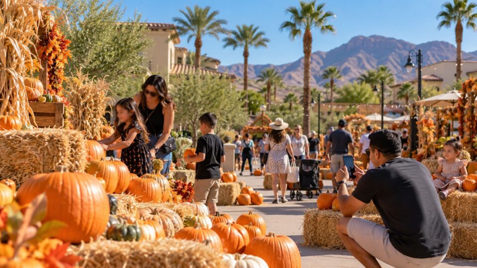 Families trick-or-treating in a Las Vegas neighborhood with Halloween-decorated stucco homes, palm trees, and desert landscaping.