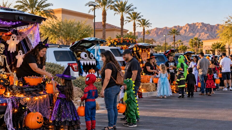 Children in Halloween costumes collecting candy from decorated vehicles at a community trunk-or-treat event in a desert-style Las Vegas neighborhood.