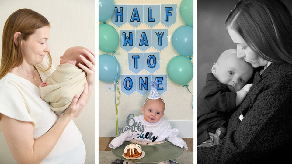 Phoebe London holding Sullivan as a newborn, Sullivan at six months, and mother and son cuddling