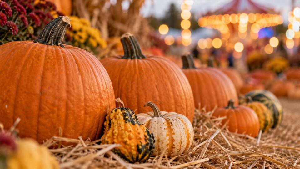 Pumpkins with blurred carnival lights at a Las Vegas fall festival
