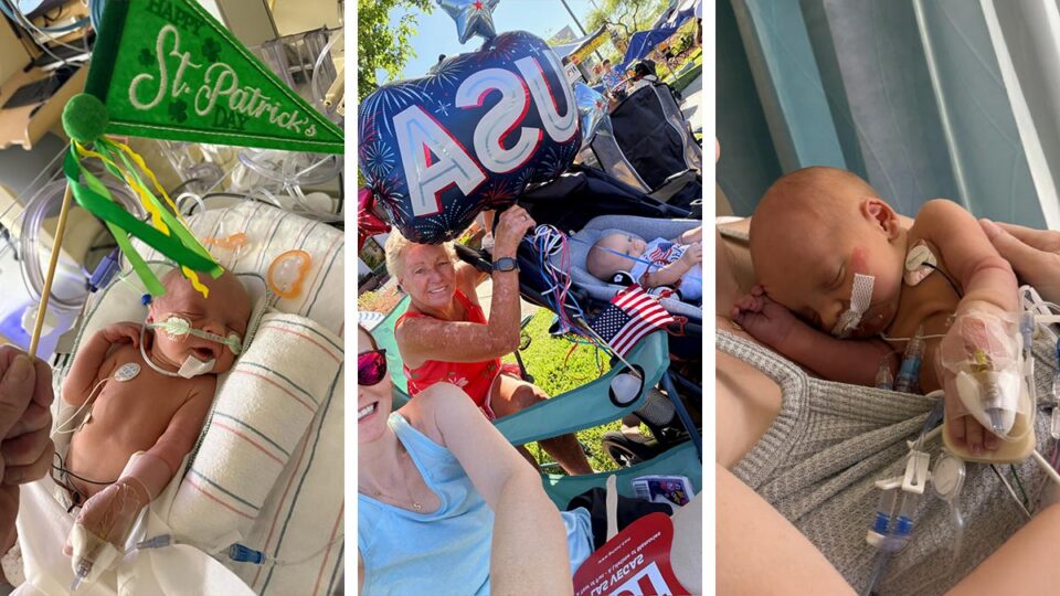 Sullivan in the hospital as a newborn, celebrating outdoors with family, and sleeping on his mother’s chest