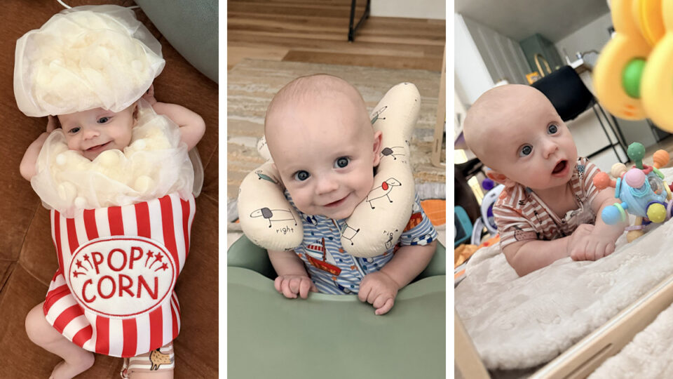 Sullivan smiling in a popcorn costume, doing tummy time, and playing with a colorful activity toy